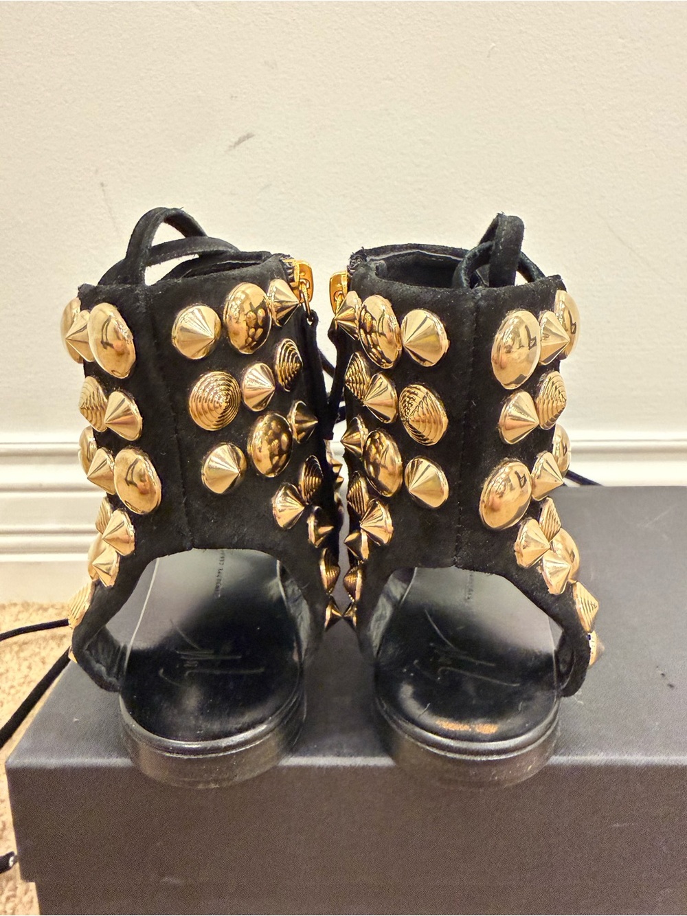 Giuseppe Zanotti Gold Studded Suede Gladiator Sandals Black Size 37.5 lace up - Picture 9 of 12